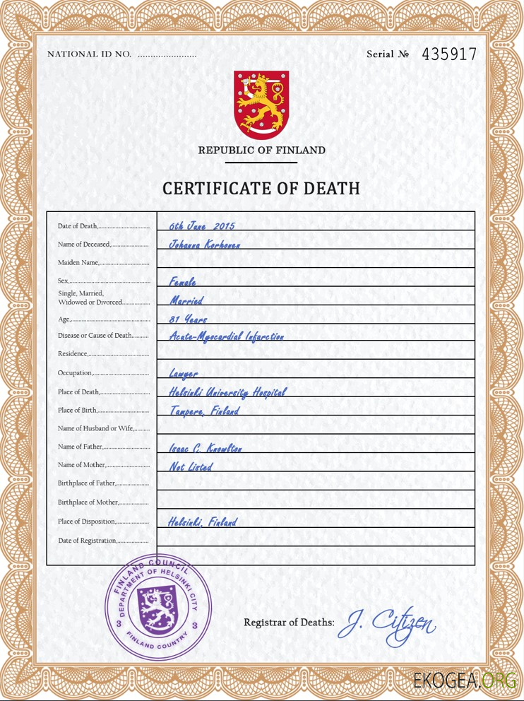 Modèle PSD de certificat de décès de Finlande